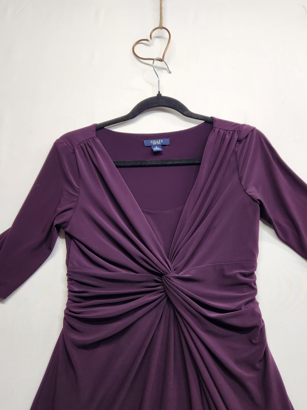 ⭐️Chaps Plum Purple Twist Front Midi Dress Small S V Neck Ruched Jersey Elegant - Picture 2 of 15
